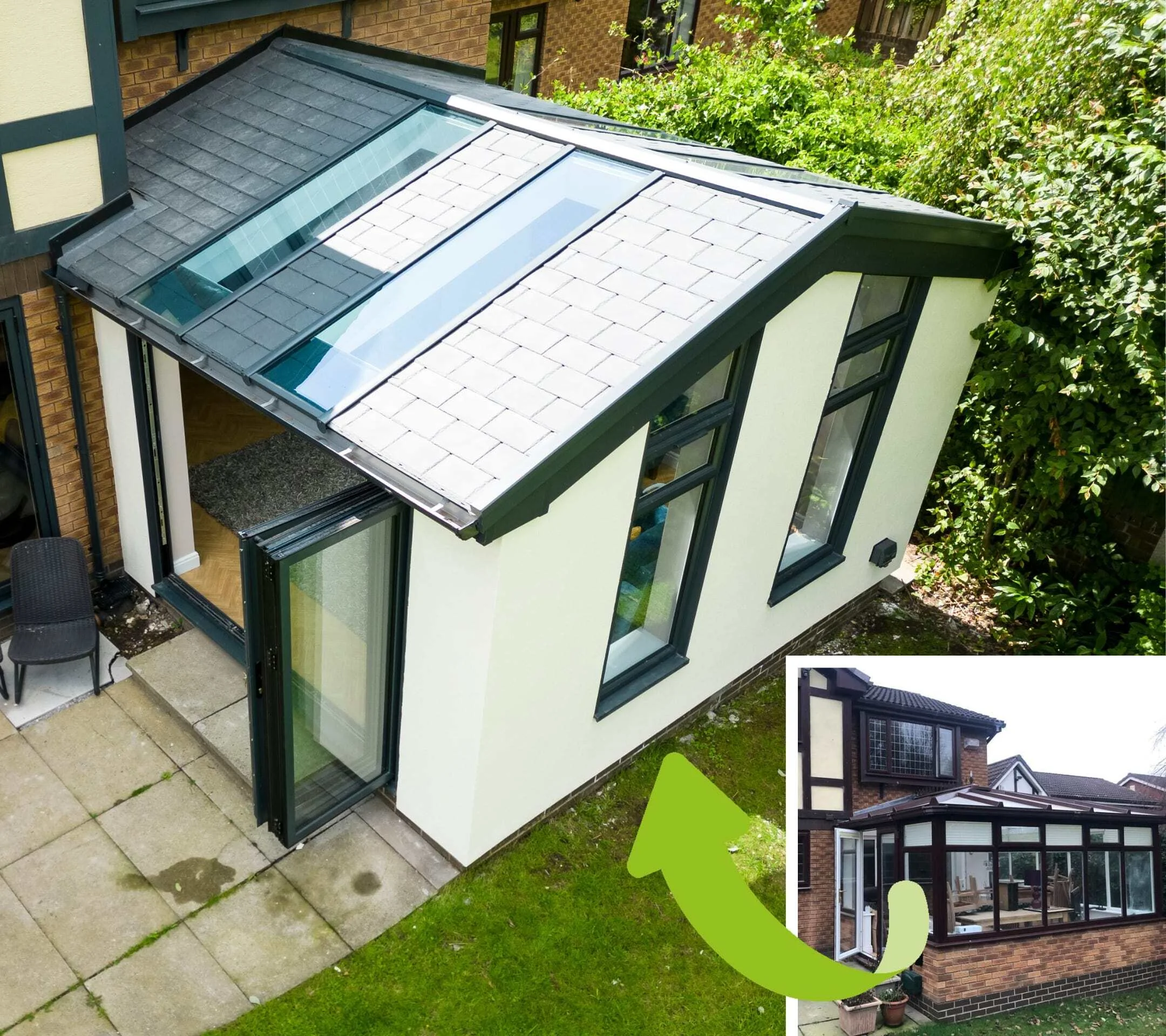 Before and after image of outdated conservatory into modern extension with rendered walls and hybrid roof