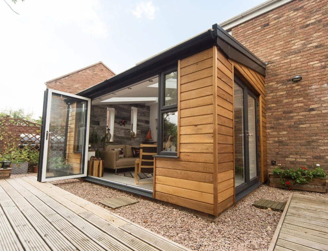 Exterior shot of hup! home extension with timber cladding