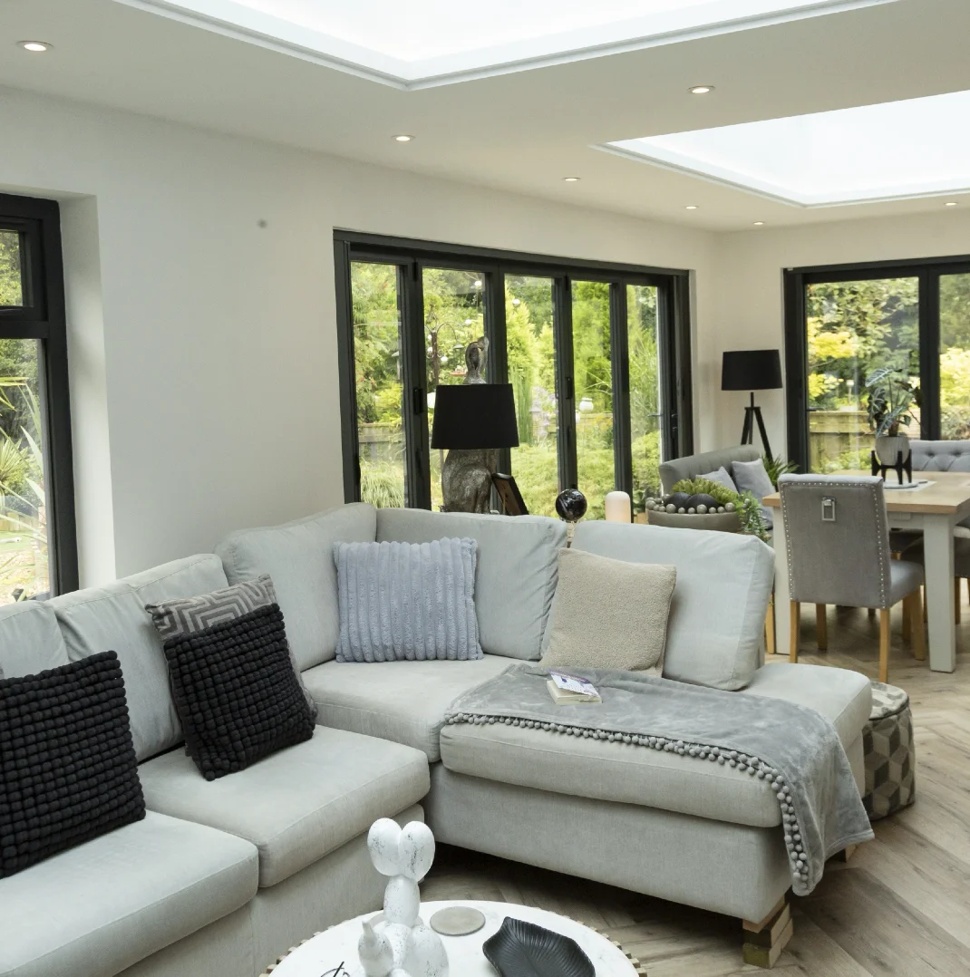 Cosy and modern interior living room with dining room extension