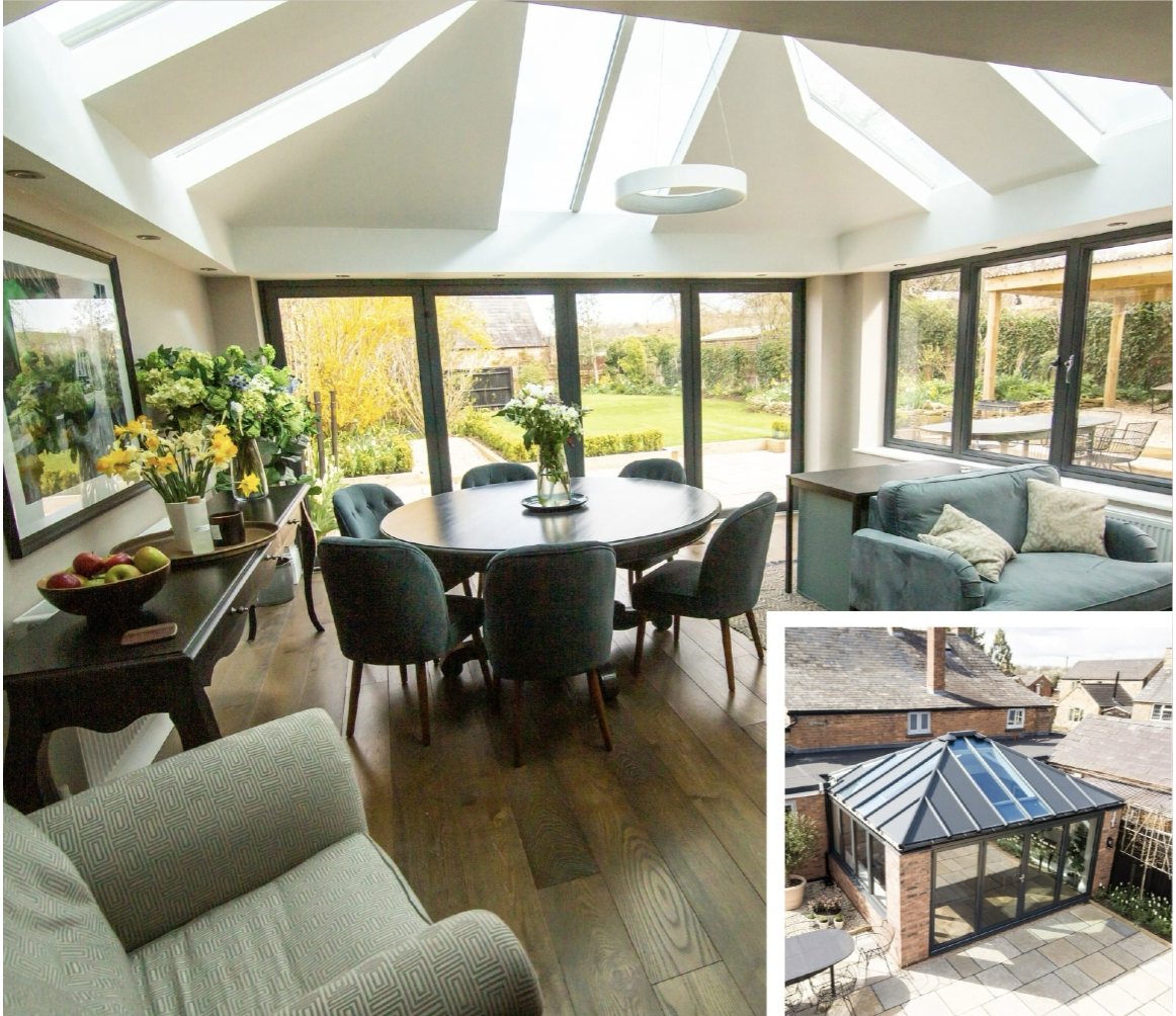 Before and after comparison of house extension with hybrid tiled roof and b-fold doors